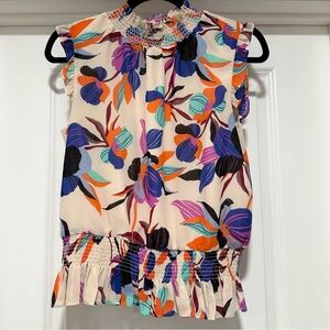 J.Crew Sleeveless Chiffon Smocked Ruffle Neck Hem Top Multi Color Floral Size 2